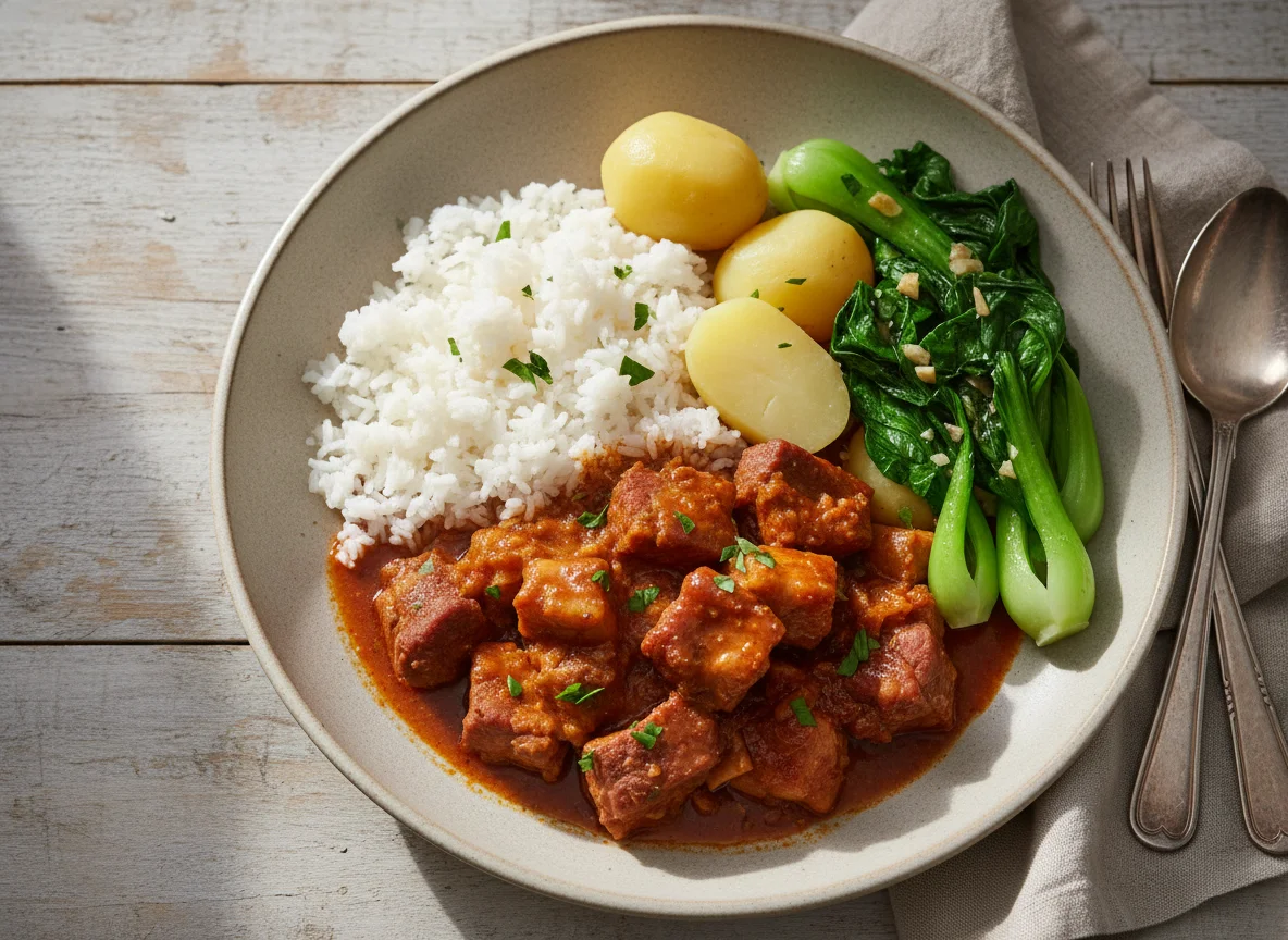 Pork Stew with Potatoes, Rice, and Greens photo