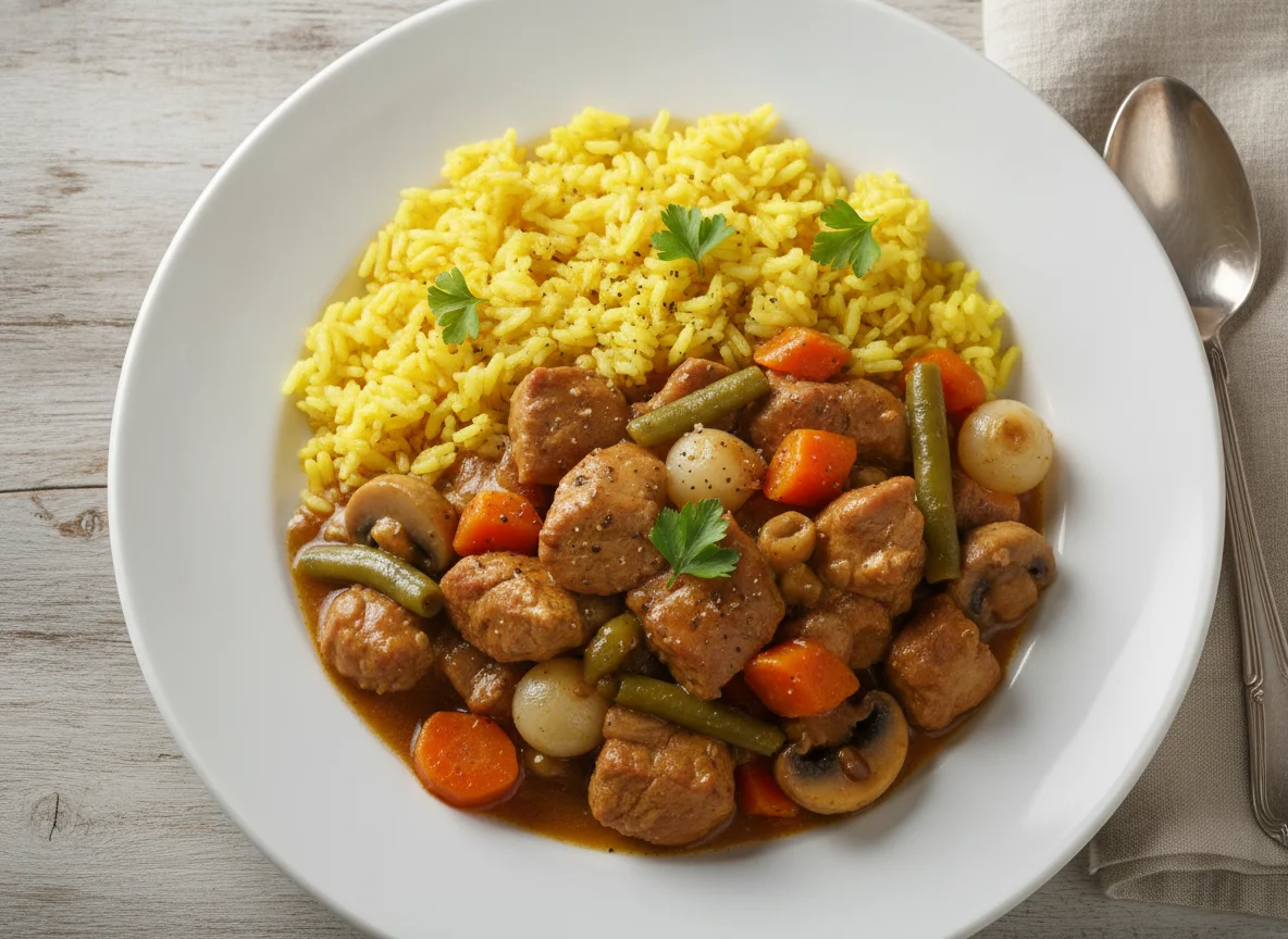 Pork stew with yellow rice photo