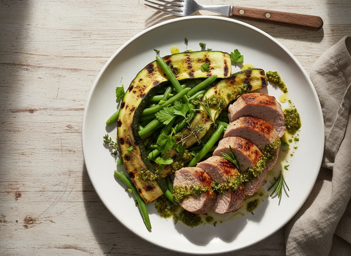 Pork Tenderloin with Green Beans and Zucchini photo