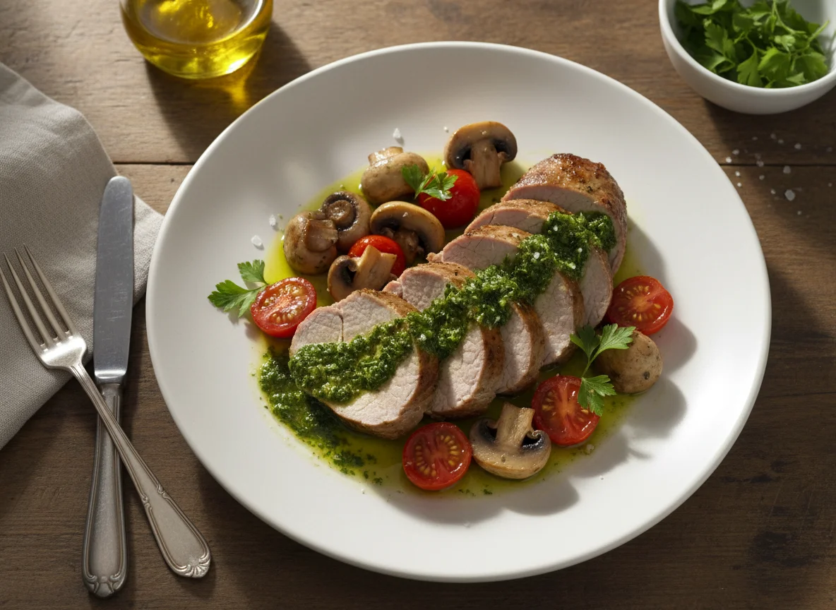 Pork Tenderloin with Green Sauce, Mushrooms and Cherry Tomatoes photo
