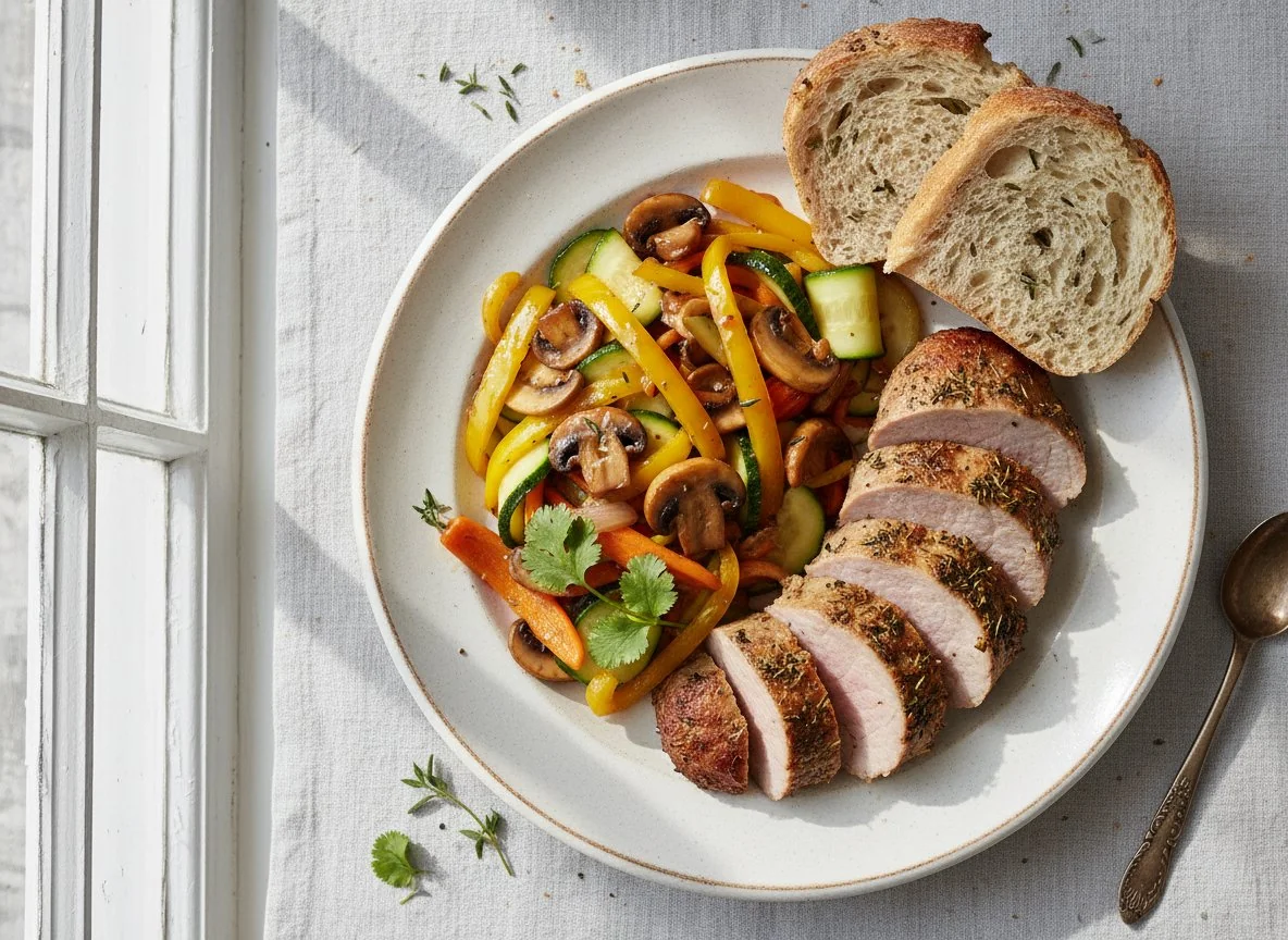 Pork Tenderloin with Stir-fried Vegetables and Zucchini photo