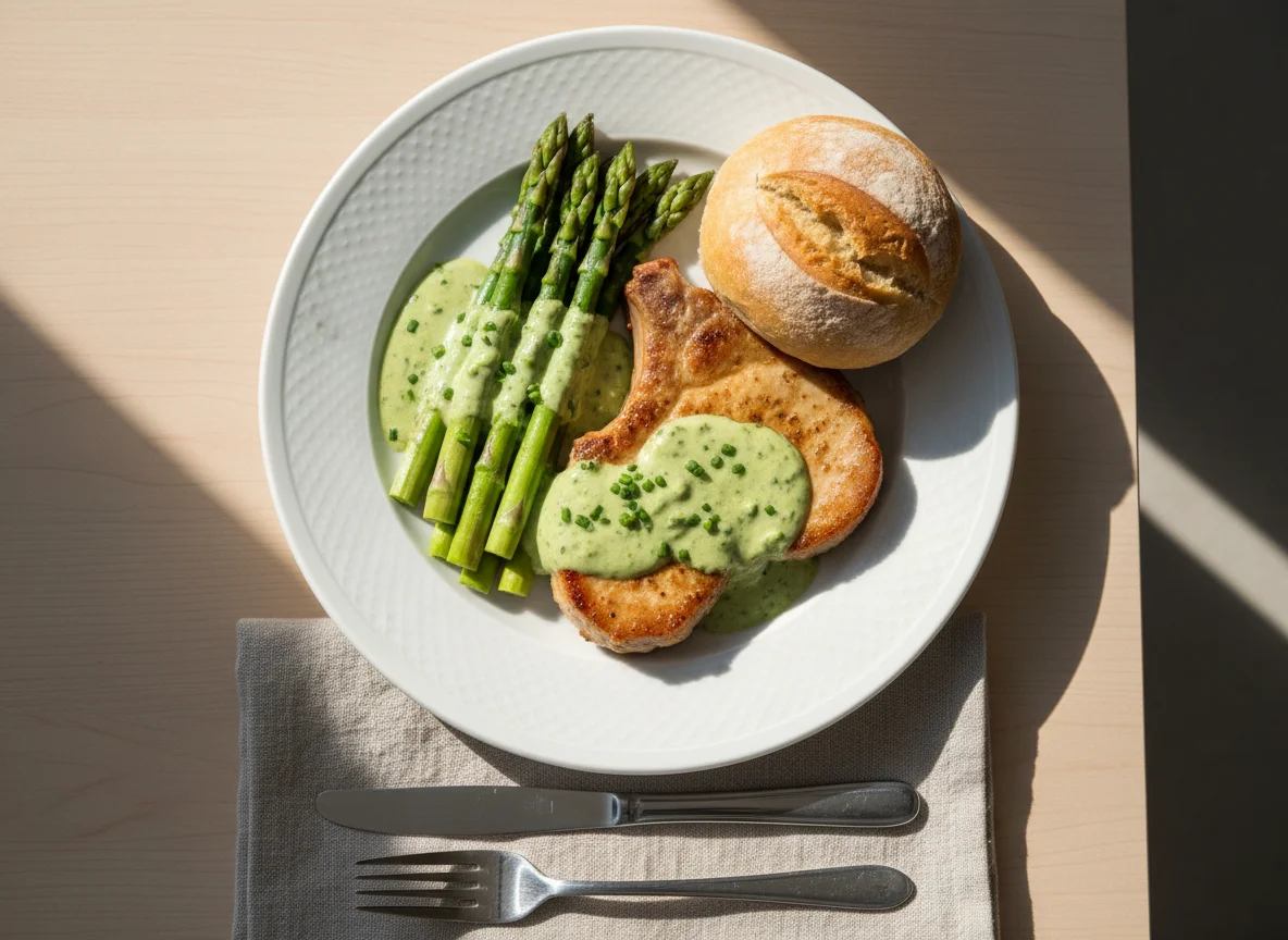 Pork with Creamy Asparagus and Roll photo