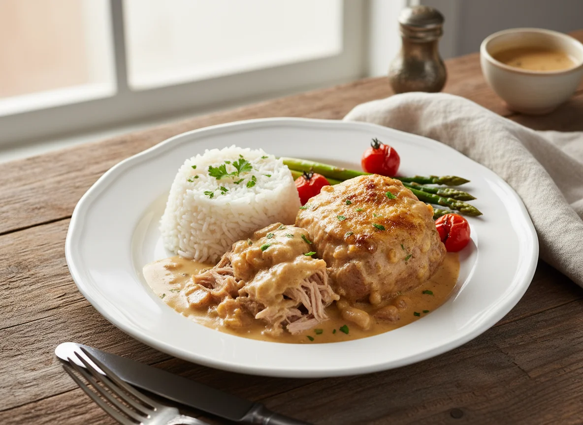 Pork with creamy sauce and rice photo