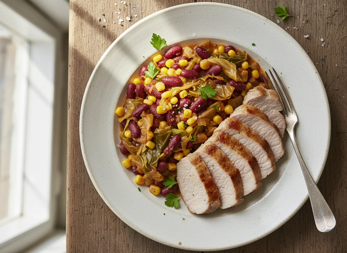 Pork with Kidney Beans, Sweetcorn and Cabbage photo