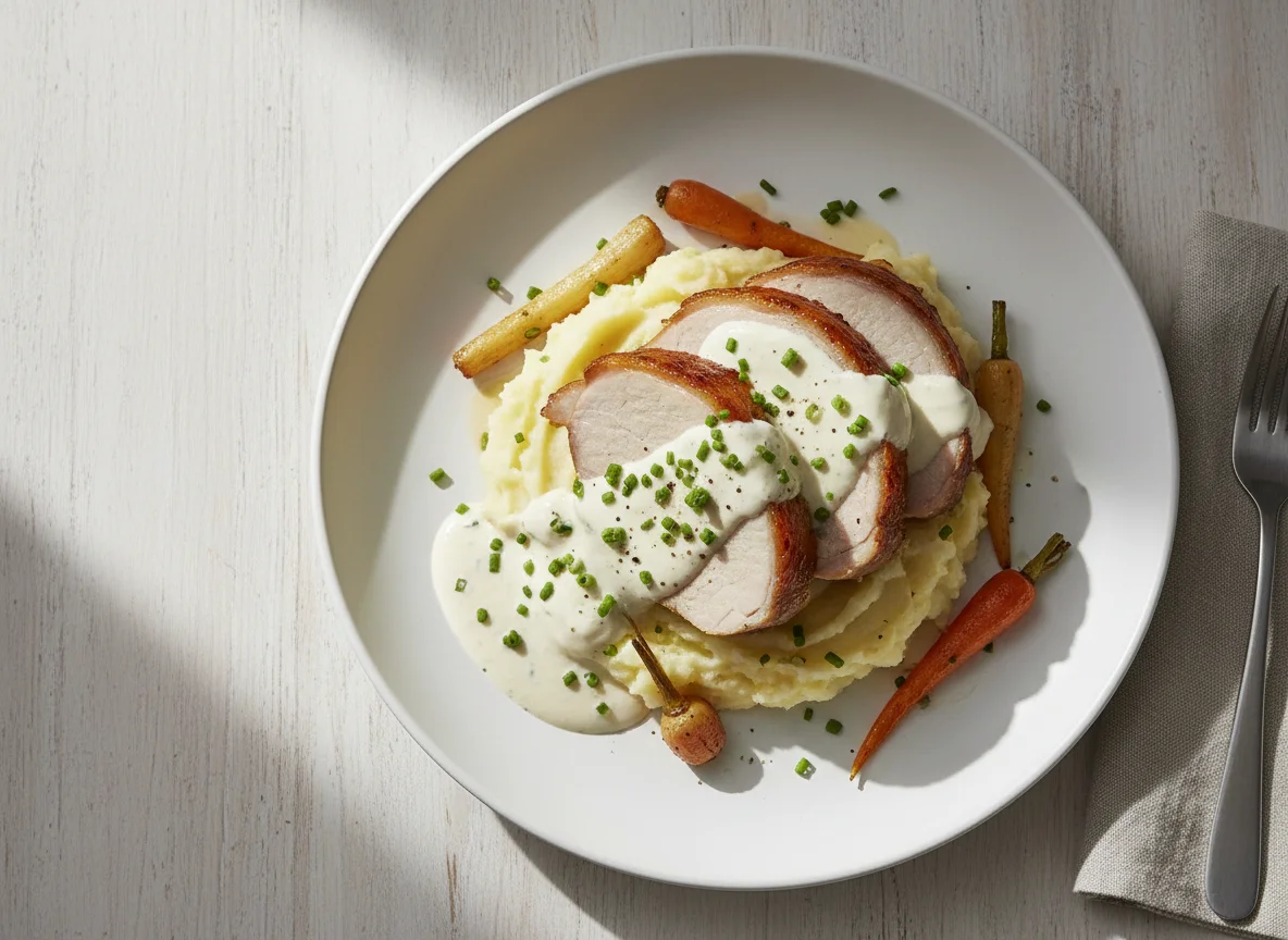 Pork with mashed potatoes and sauce photo