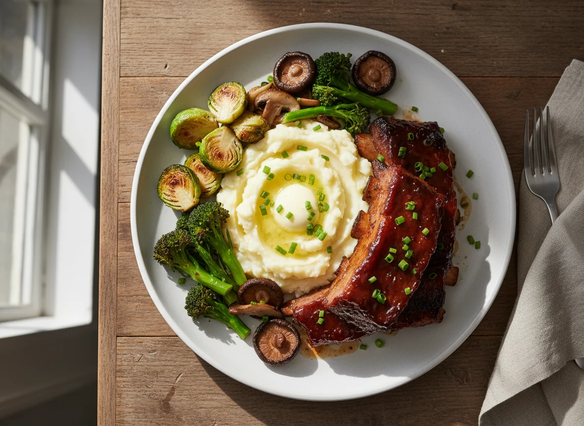 Pork with mashed potatoes, Brussels sprouts, broccoli, and mushrooms photo