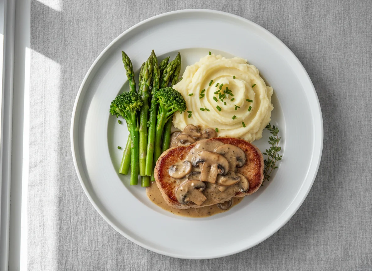Pork with Mushroom Sauce, Mashed Potatoes, and Asparagus photo