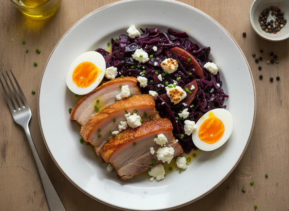 Pork with Red Cabbage, Feta, and Boiled Eggs photo