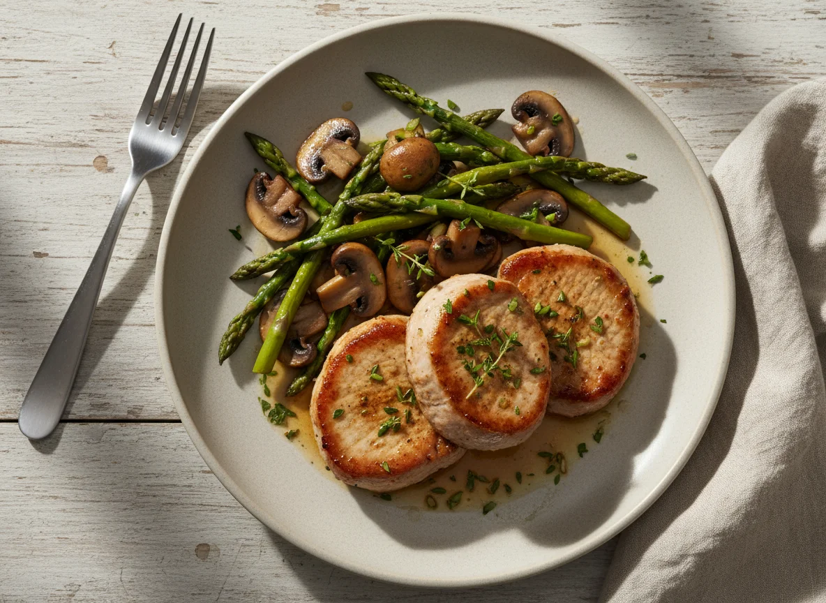 Pork with Sautéed Mushrooms and Asparagus photo