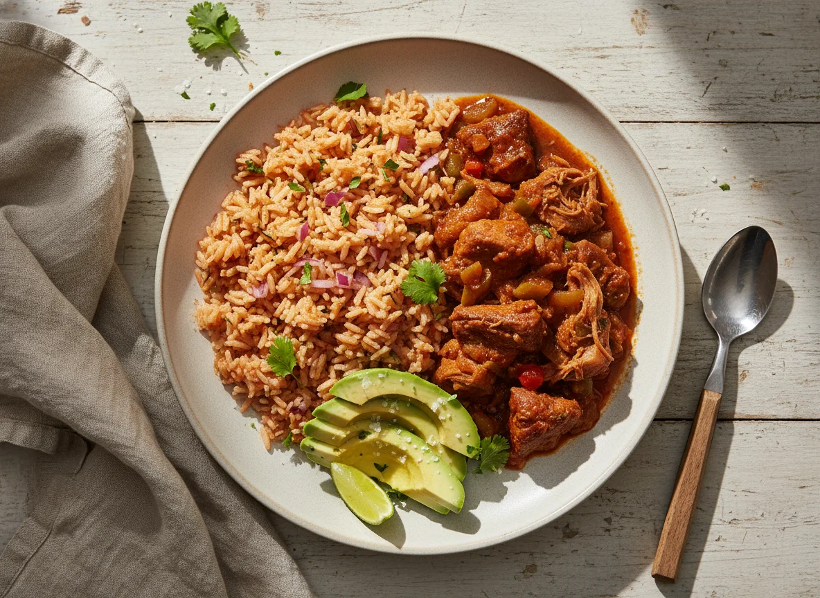 Pork with Seasoned Rice and Avocado photo