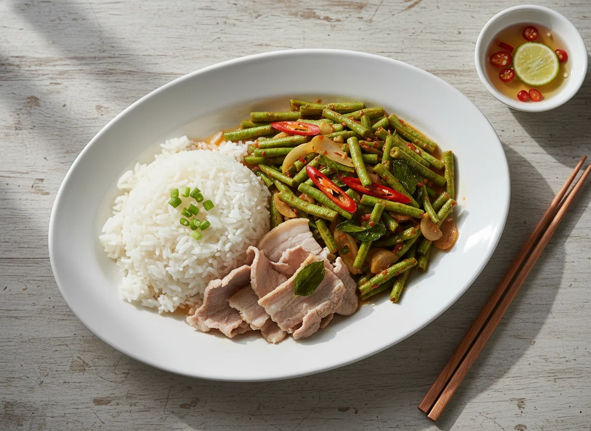 Pork with Stir-fried Long Beans and Rice photo