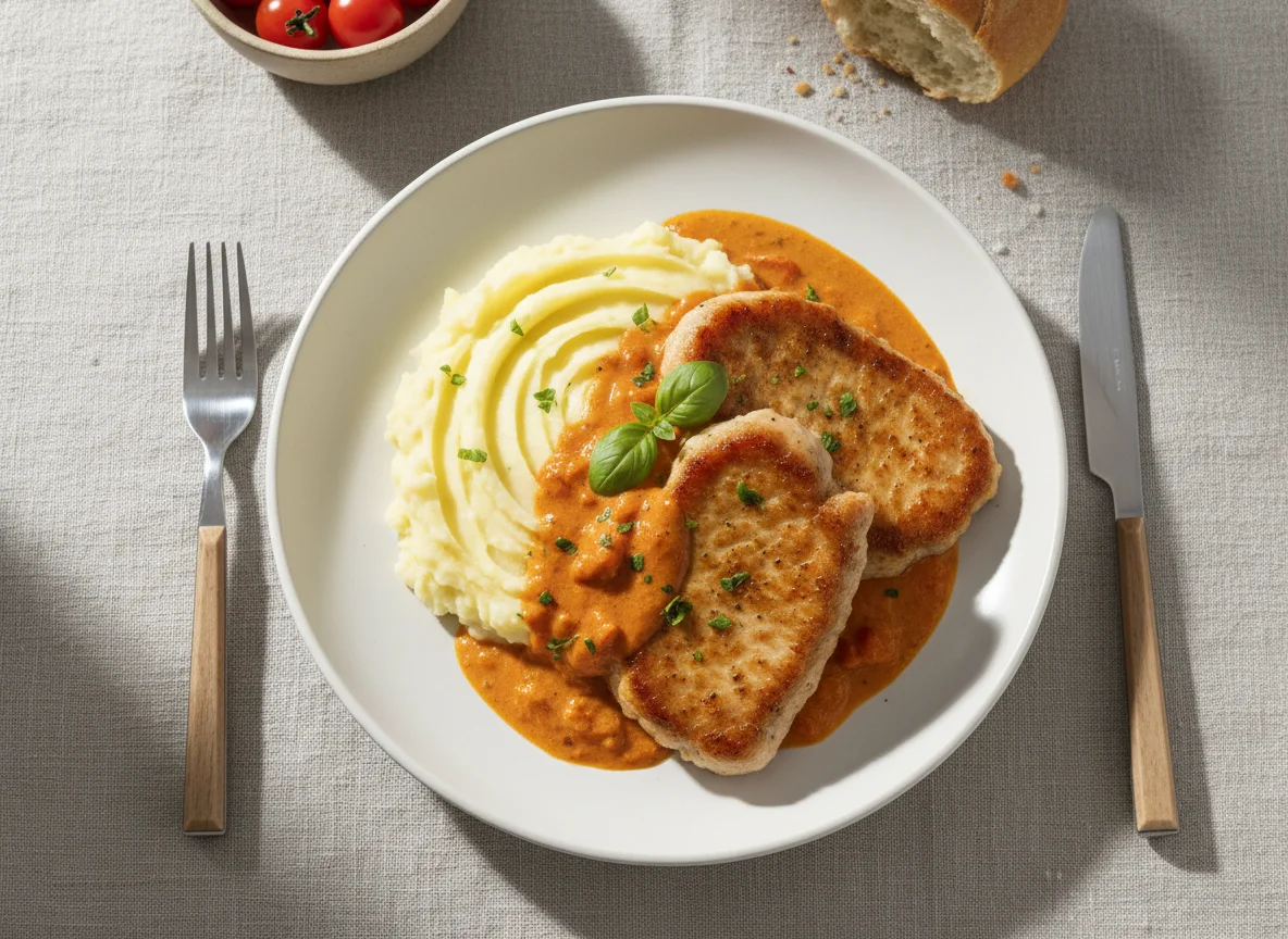 Pork/Chicken with Creamy Tomato Sauce and Mashed Potatoes photo