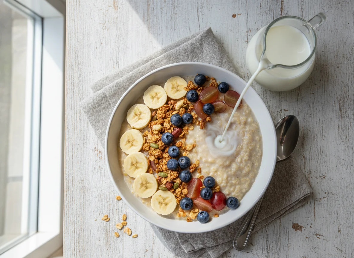 Porridge with banana and berries photo