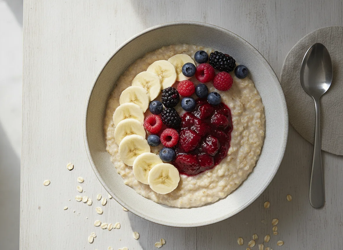 Porridge with banana and mixed berries photo