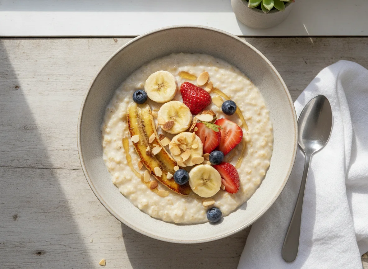 Porridge with banana and strawberries photo