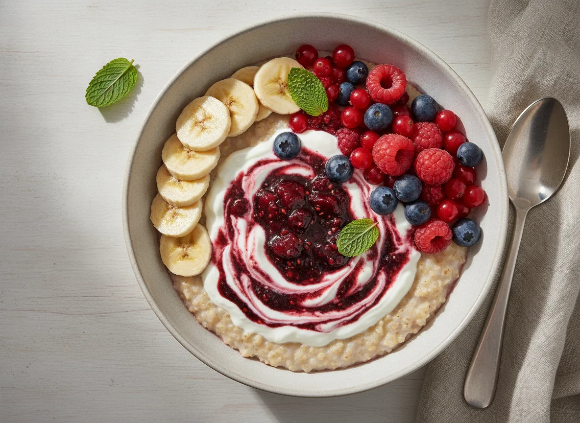 Porridge with banana, berries and yogurt photo