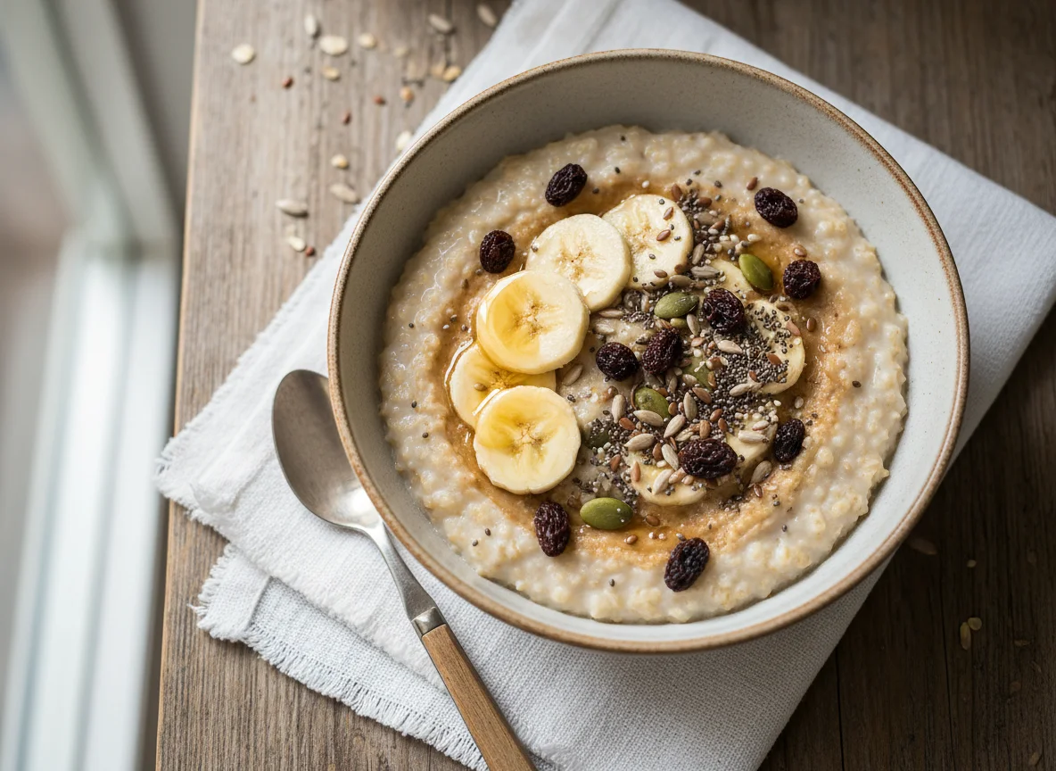 Porridge with Banana, Raisins, Honey, and Seeds photo