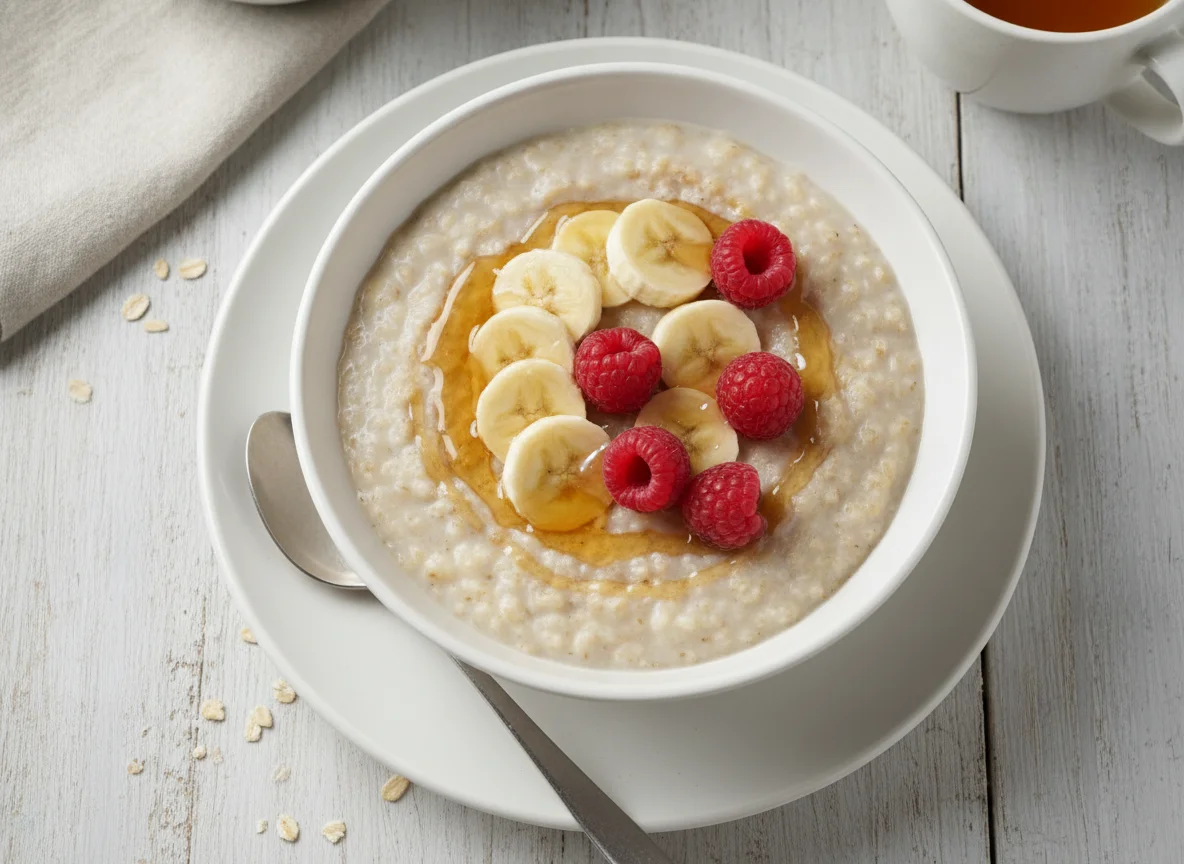 Porridge with Banana, Raspberries and Honey photo
