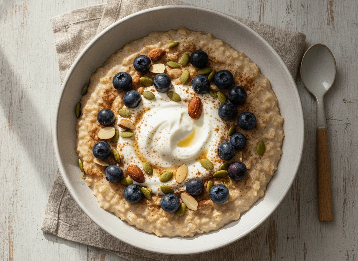 Porridge with berries and seeds photo