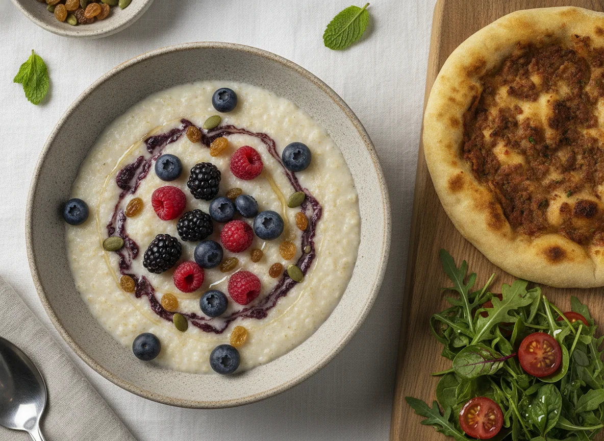 Porridge with berries and seeds with a side of flatbread photo
