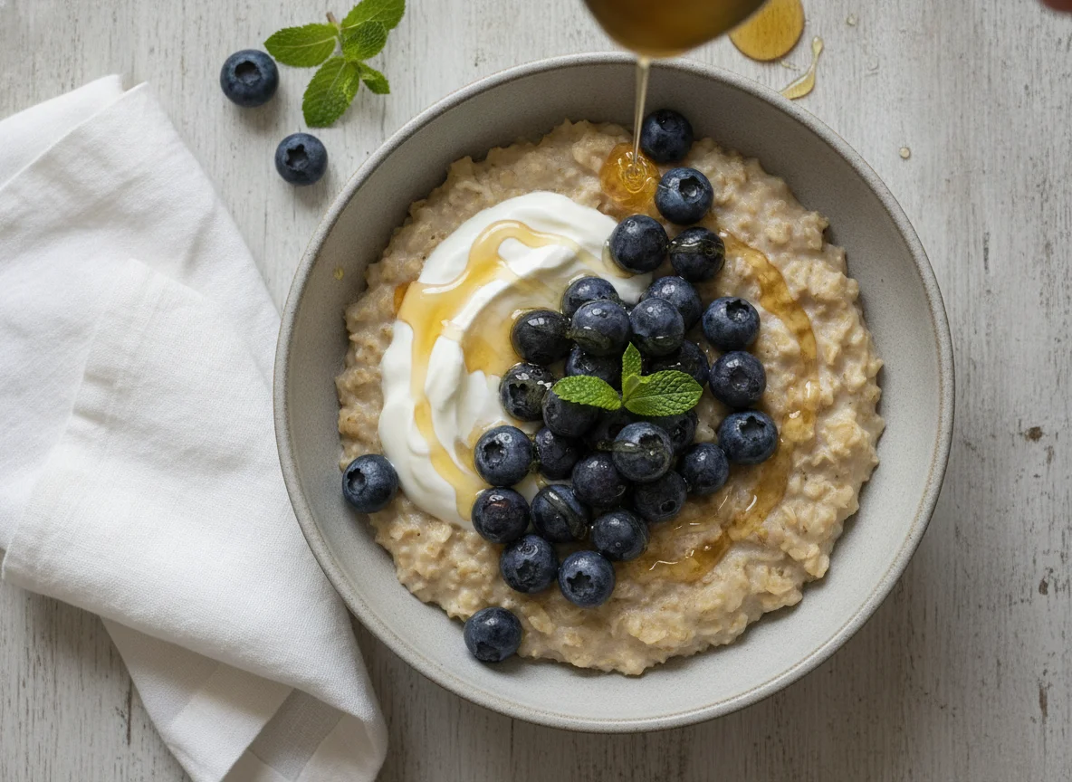 Porridge with Blueberries, Yogurt and Honey photo