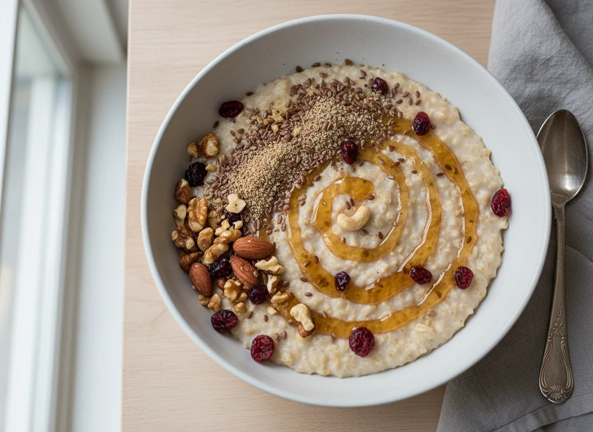 Porridge with Flaxseed, Honey, Mixed Nuts and Cranberries photo