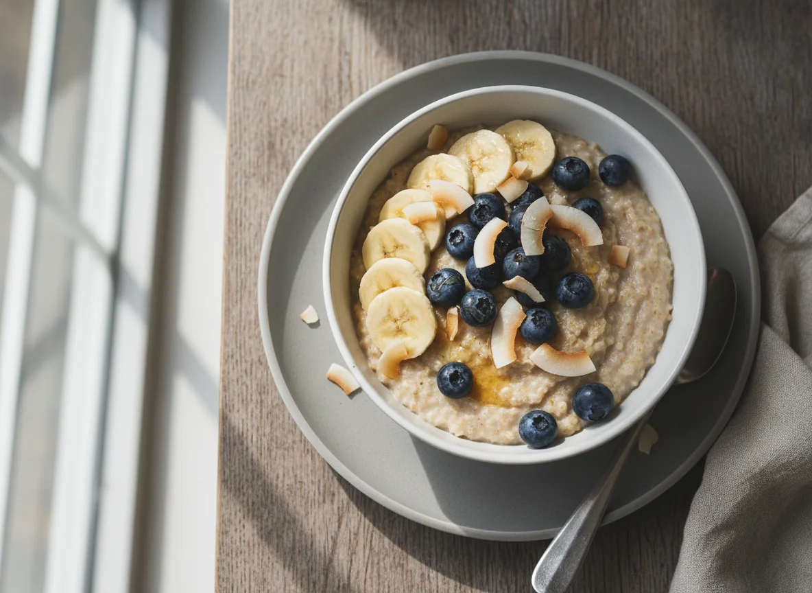 Porridge with fruit and coconut photo
