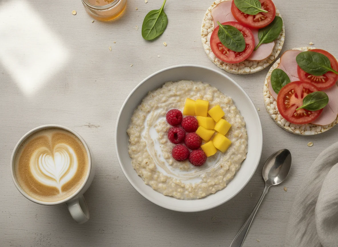 Porridge with fruit, rice cakes with ham and tomato, and coffee photo