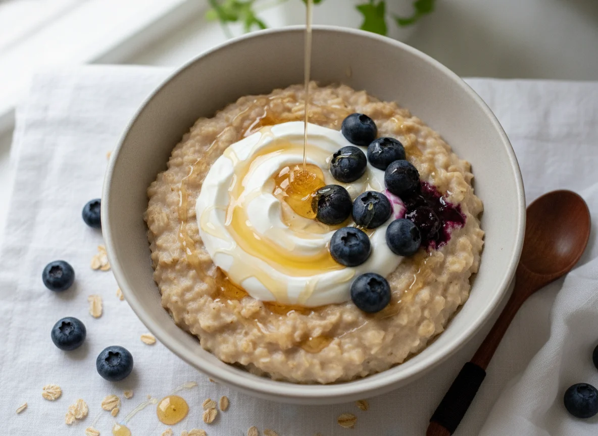 Porridge with Greek Yogurt, Blueberries and Honey photo