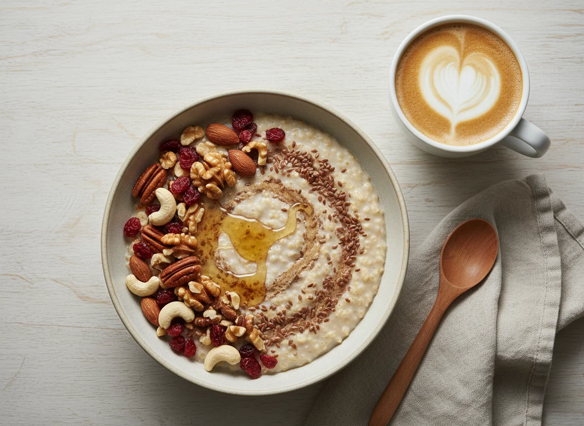 Porridge with Mixed Toppings and Coffee photo