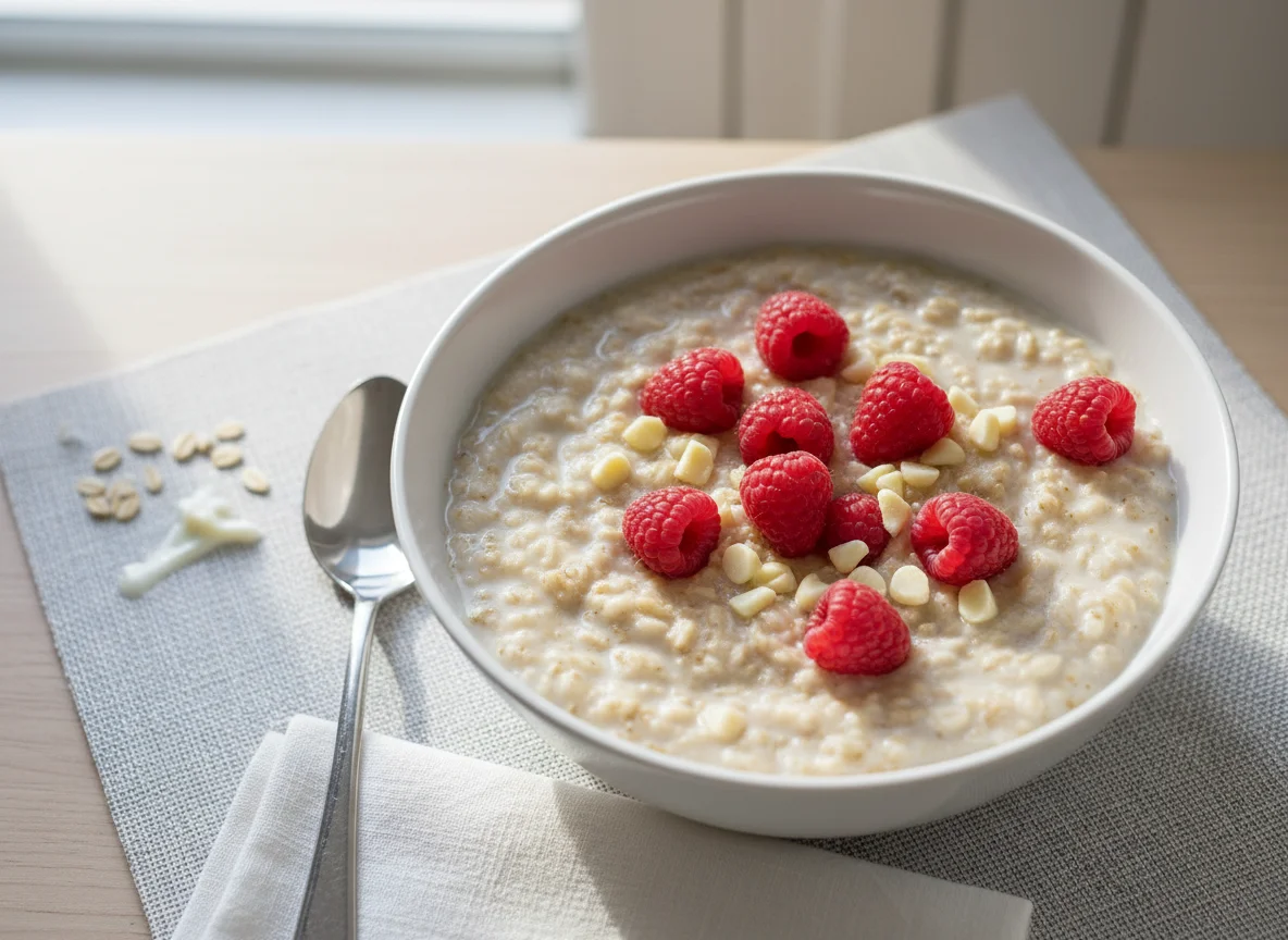 Porridge with Raspberries and White Chocolate Chips photo