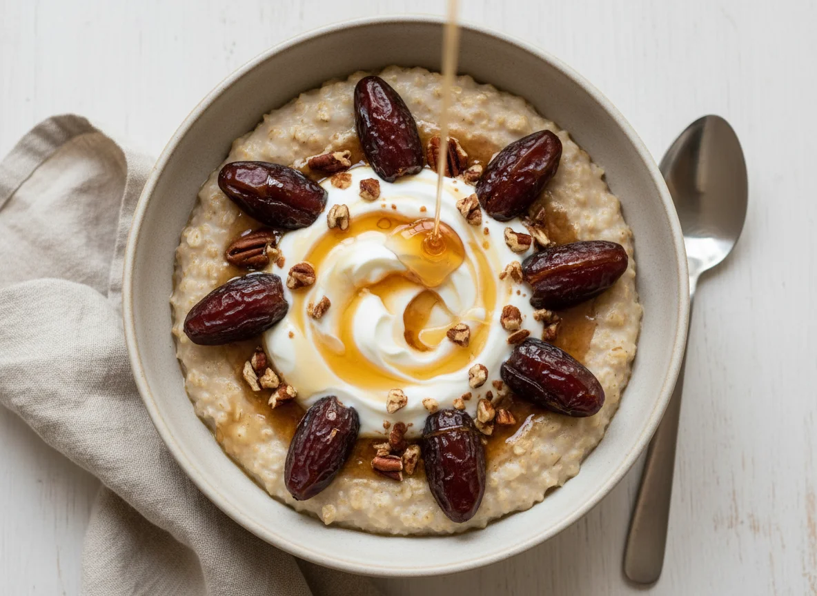 Porridge with Yoghurt, Dates and Syrup photo