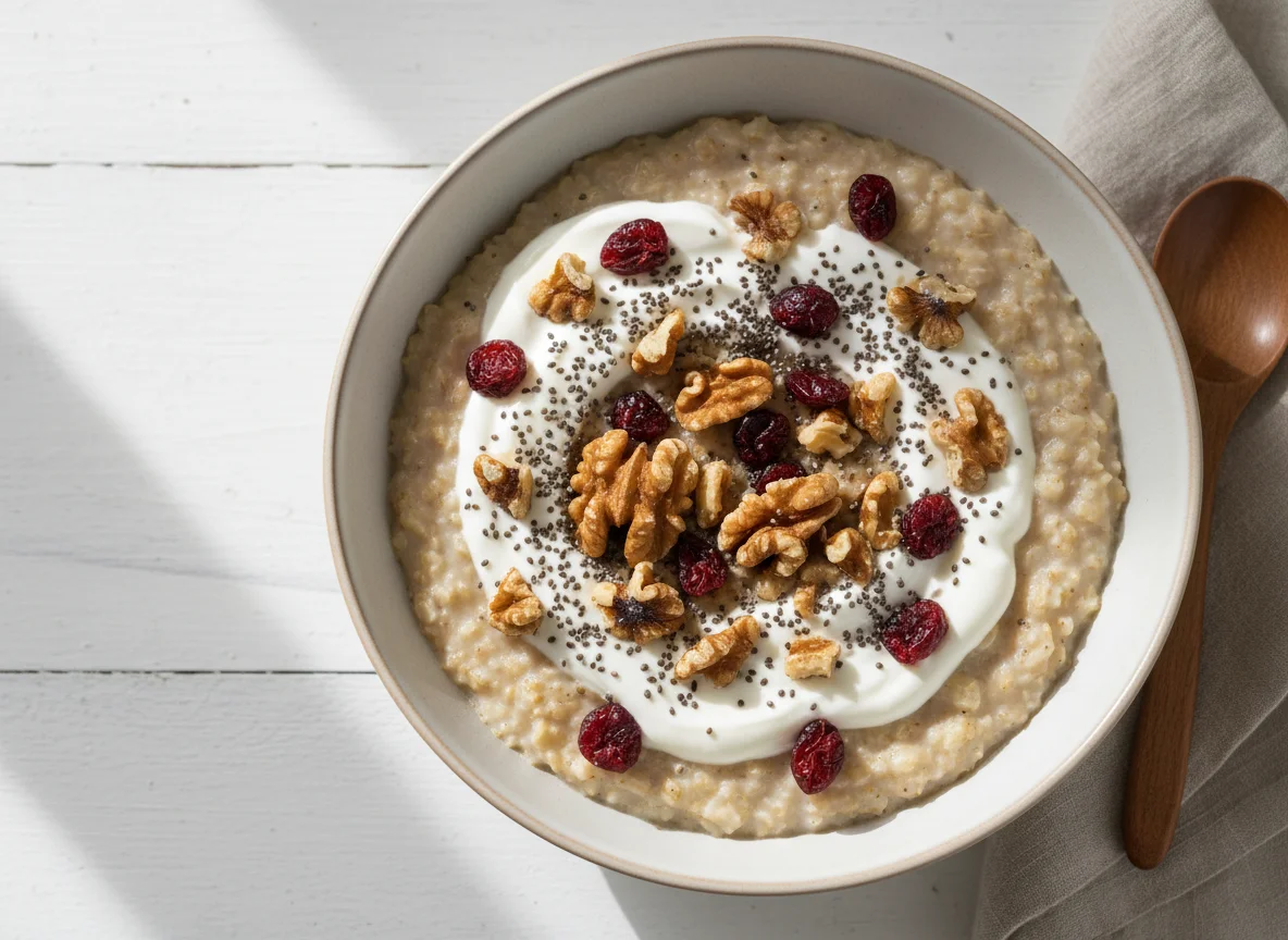 Porridge with Yoghurt, Walnuts, Dried Cranberries and Chia Seeds photo