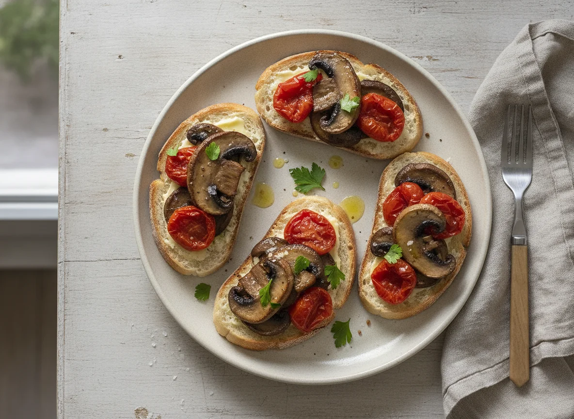 Portobello mushrooms and plum tomatoes on toast photo