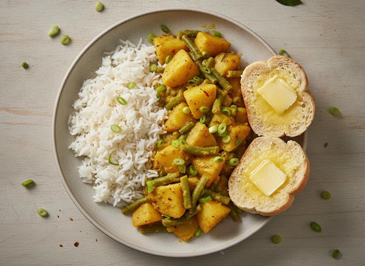 Potato and Green Bean Curry with Rice and Buttered Bread photo