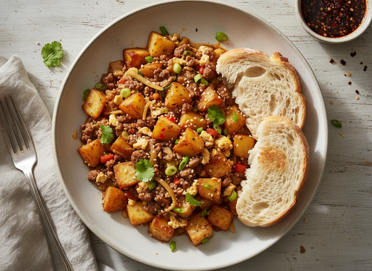 Potato and Meat/Egg Stir-fry with Bread photo