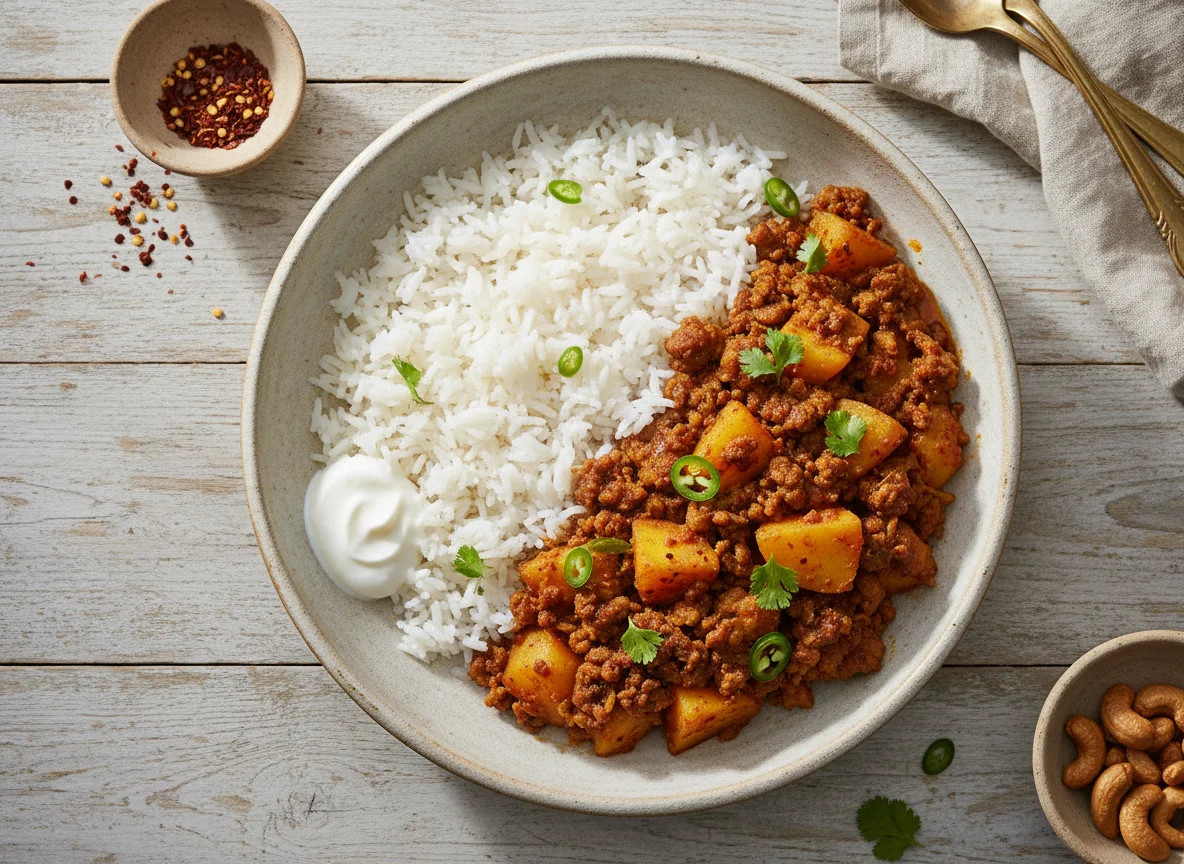 Potato and Minced Meat Curry with Rice photo