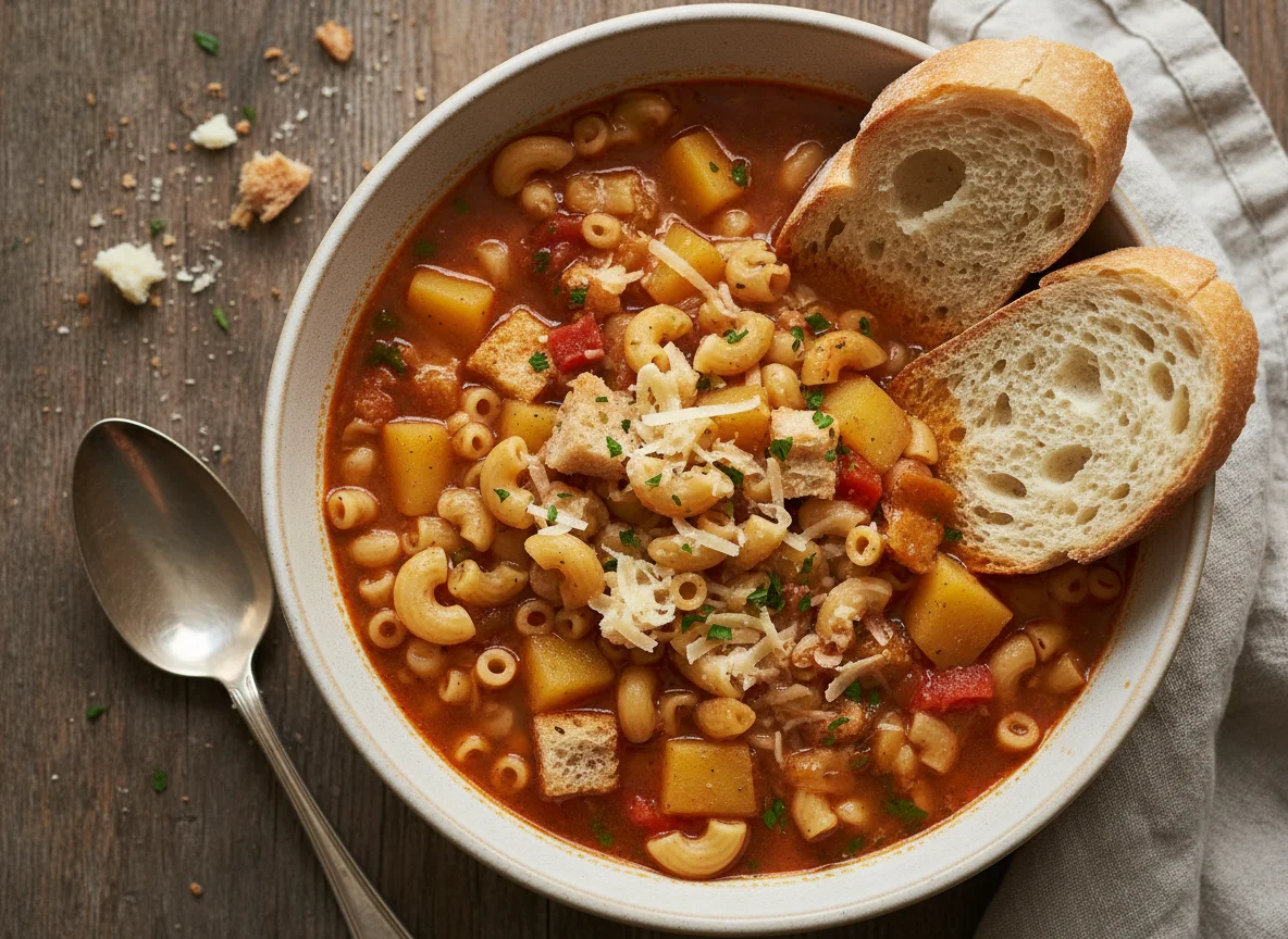 Potato and Pasta Soup with Bread photo