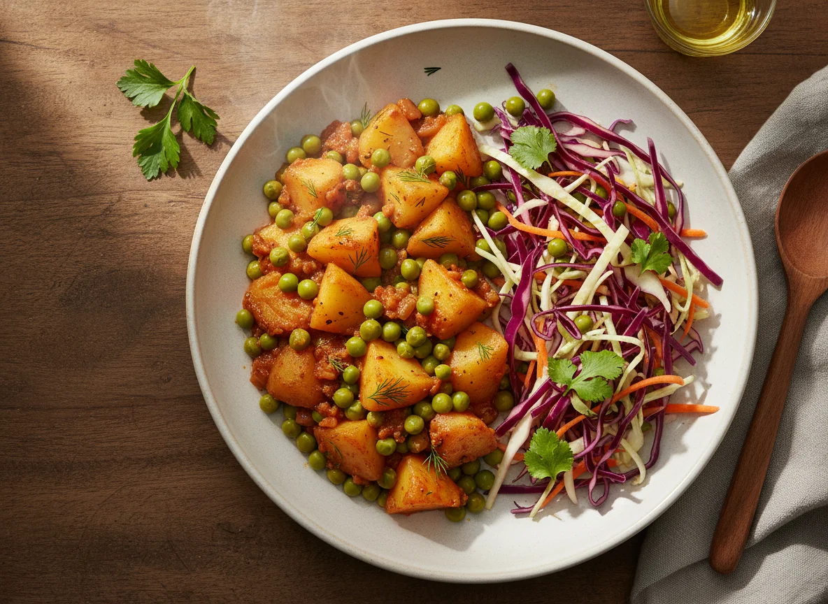 Potato and Pea Stew with Cabbage and Carrot Salad photo