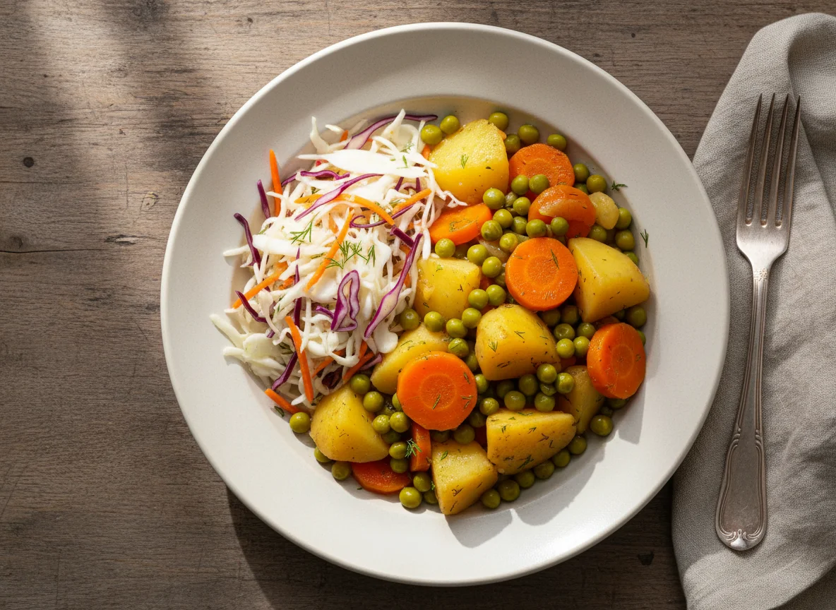 Potato and Pea Stew with Cabbage Salad photo