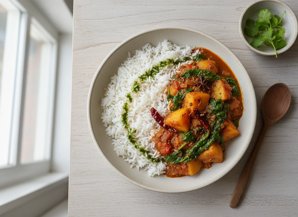 Potato and Spinach Curry with Rice photo