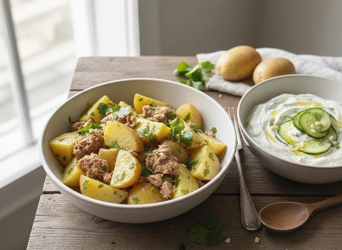 Potato and Tuna Salad with Cucumber Yogurt Salad photo