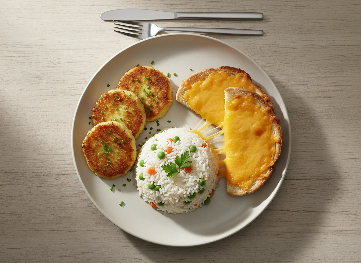 Potato cakes with cheesy toast and rice photo