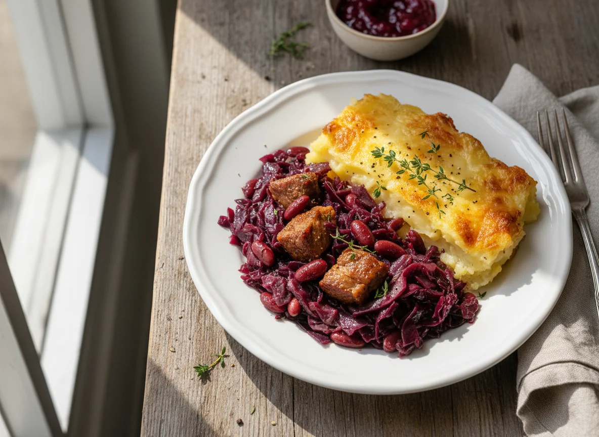 Potato Gratin with Braised Cabbage and Meat photo