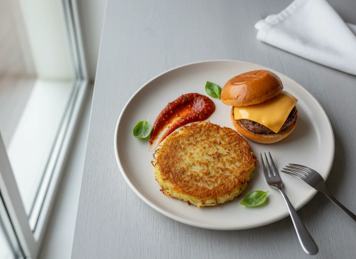Potato Pancake with Sauce and Mini Burger photo