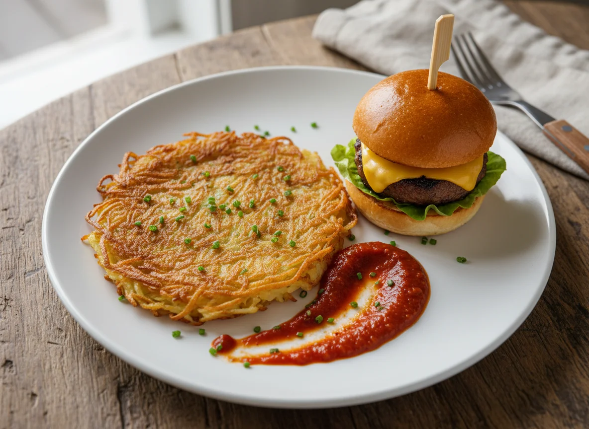 Potato Pancake with Sauce and Small Burger photo