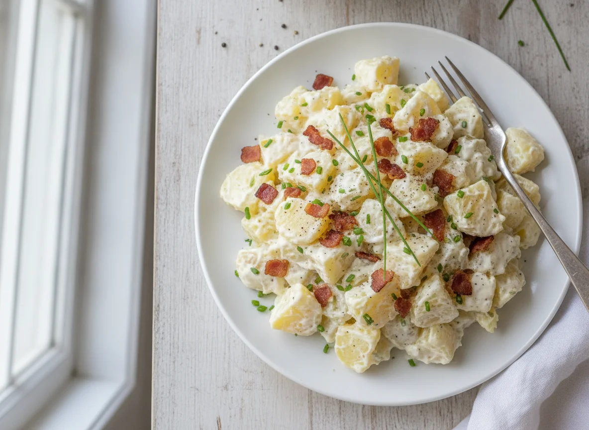 Potato salad with bacon and mayonnaise photo