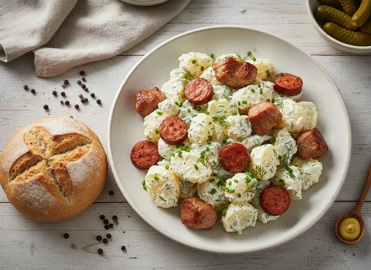 Potato salad with bread and meat photo