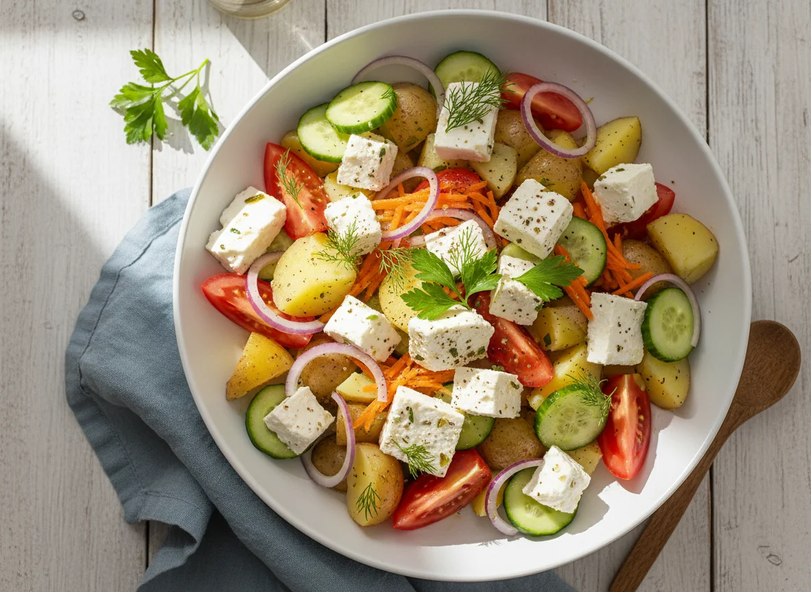 Potato salad with fresh vegetables and feta photo