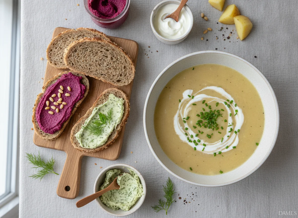 Potato soup with bread and spreads photo